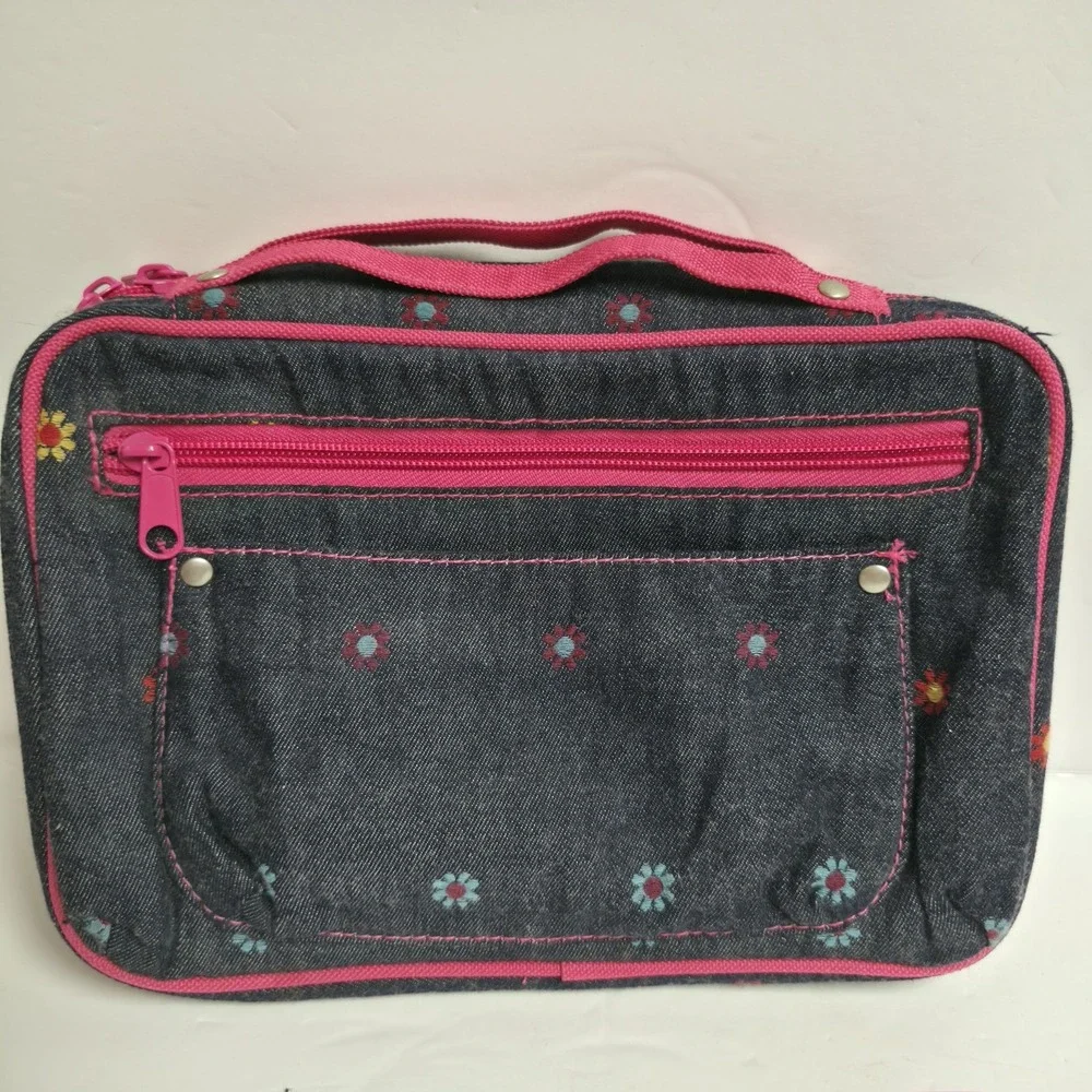 Vintage 2005 Thomas Nelson Flower Power Denim Bible Cover Case Large w/ Pouch